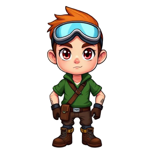 ele tem cabelo castanho bagunçado e curto. usa goggles na cabeça. seus olhos são claros com pupilas vermelhas. veste uma camisa verde de mangas dobradas, calças marrons e botas de couro. usa luvas curtas. carrega uma bolsa lateral presa na cintura. no bra