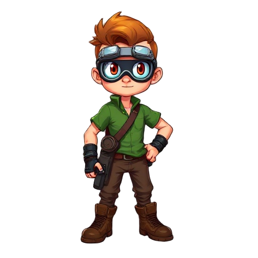 ele tem cabelo castanho bagunçado e curto. usa goggles na cabeça. seus olhos são claros com pupilas vermelhas. veste uma camisa verde de mangas dobradas, calças marrons e botas de couro. usa luvas curtas. carrega uma bolsa lateral presa na cintura. no bra