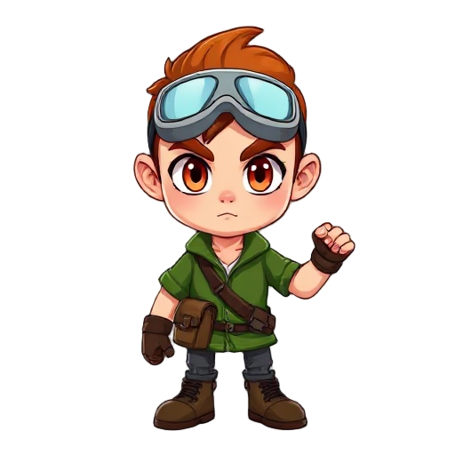 ele tem cabelo castanho bagunçado e curto. usa goggles na cabeça. seus olhos são claros com pupilas vermelhas. veste uma camisa verde de mangas dobradas, calças marrons e botas de couro. usa luvas curtas. carrega uma bolsa lateral presa na cintura. no bra