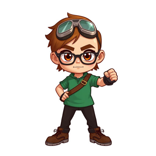 ele tem cabelo castanho bagunçado e curto. usa goggles na cabeça. seus olhos são claros com pupilas vermelhas. veste uma camisa verde de mangas dobradas, calças marrons e botas de couro. usa luvas curtas. carrega uma bolsa lateral presa na cintura. no bra