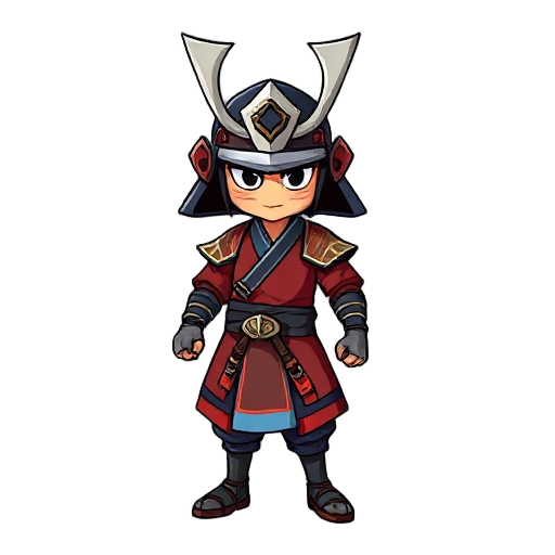 samurai de duas espadas, roupas em detalhes azuis e vermelho