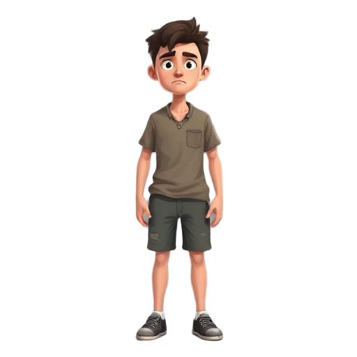 create a 2d person wearing a dirty shirt and shorts, with a calm yet sad expression. 