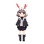 a girl wearing a boina hat with bunny ears, she have short straight hairstyle with bangs, and 2 hair strands, wearing a jacket, black skirt and boots 