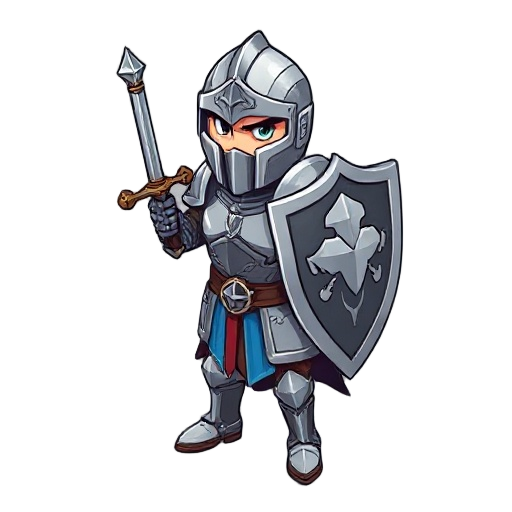 epic **chibi rpg knight** character asset, **isometric 3/4 view**. the character must have **steel plate armor** with ornate, slightly stylized detailing, reflecting an epic, legendary warrior. he carries a large **longsword** and a **kite shield** both s