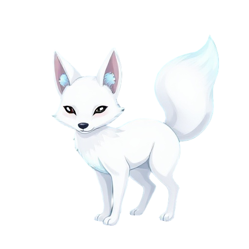 create a quadruped illustrated-style character based on the traditional concept of a fox. the character must not wear any clothing or accessories. the fur should be entirely white with a soft blue glow that highlights the natural curves of the body. the b