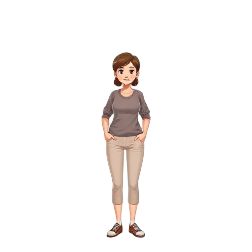 vollkörperillustration einer jungen erwachsenen frau im halb-realistischen, sauberen digitalen illustrationsstil, weißer hintergrund. sie steht in leichter 3/4-ansicht, der körper minimal zur seite gedreht, der blick nach vorn zum betrachter. freundliches