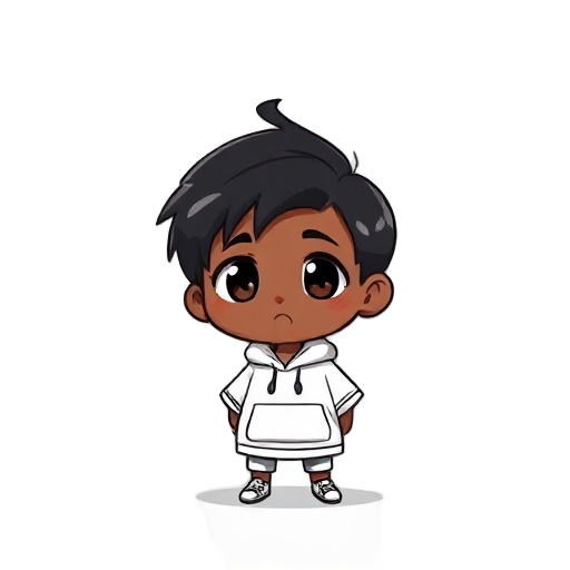 crear una animación corta en estilo anime chibi. el personaje es un chico de rostro redondeado, cabello negro despeinado y expresión relajada con ojos entreabiertos. lleva una sudadera blanca con bolsillo frontal. el fondo debe ser simple o blanco. la ani