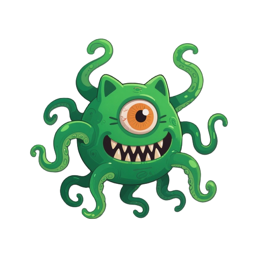 create a beholder with tentacles with eyes a big eye like a cat eye  and a mouth with spiked teeth, the beholder is green