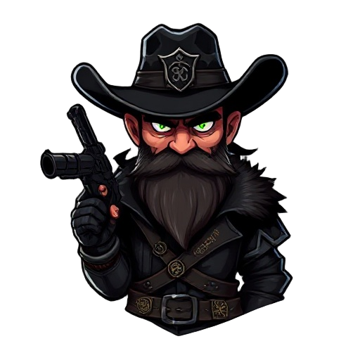 dark outlaw gunslinger, wide-brim black hat with metal emblem, rugged beard, glowing green veins on neck, black leather coat with fur trim, rune-engraved bandolier, armored gauntlets, stylized gritty digital art