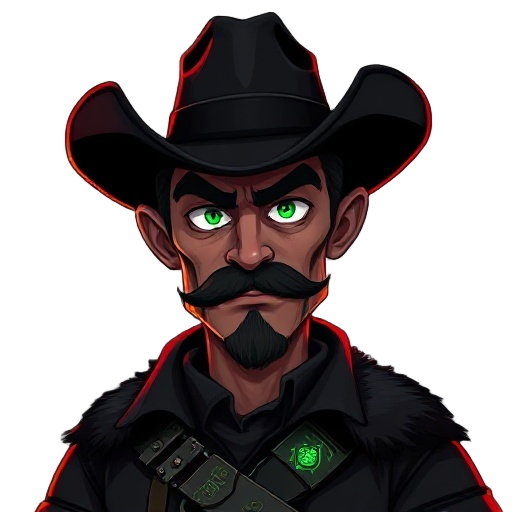 dark outlaw gunslinger, black hat, rugged face with muttonchops and mustache, clean-shaven chin, glowing green neck veins, black leather coat with fur, rune-engraved bandolier, armored gauntlets, gritty detailed digital art, red/green rim light, character
