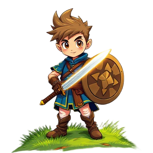 heroic young warrior standing confidently on a grassy hill, stylized in akira toriyama / dragon quest art style, vibrant cel-shaded colors, expressive large eyes, spiky hair, blue tunic with leather armor, golden trims, a glowing legendary sword and round