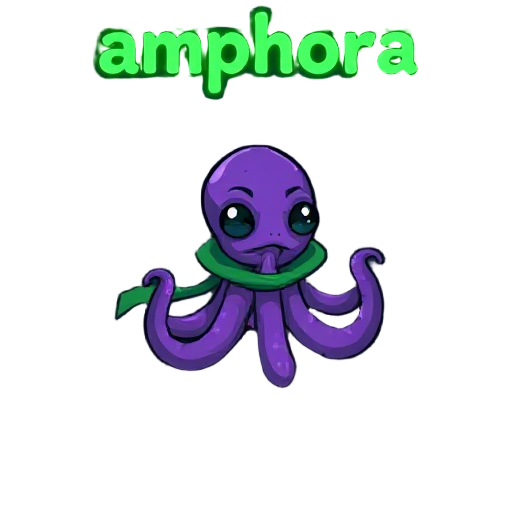 make a green title of "amphora" which has a slight glow effect, outlined in darker green, pixel, purple octopus in a green cloak with frog eyes in a underwater cave, dark, gloomy, octopus is on a rock/stone