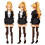 female, long blonde high ponytail, red bangs in front, black blazer, white blouse, black skirt, brown stockings and black high heels. black outline. standing. facing right