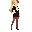 female, long blonde high ponytail, red bangs in front, black blazer, white blouse, black skirt, brown stockings and black high heels. standing. facing right