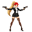 female, long blonde high ponytail, red bangs in front, black blazer, white blouse, black skirt, brown stockings and black high heels. holding a gun with both hands in front of her readily