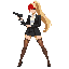 female, long blonde high ponytail, red bangs in front, black blazer, white blouse, black skirt, brown stockings and black high heels. holding a gun with both hands in front of her. facing right