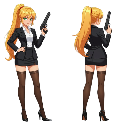 female, long blonde high ponytail, red bangs, black blazer, white blouse, black skirt, brown stockings and black high heels. holding a gun with both hands.