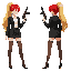 female, long blonde high ponytail, red bangs, black blazer, white blouse, black skirt, brown stockings and black high heels. holding a gun with both hands.