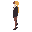 female, long blonde high ponytail, red bangs in front, black blazer, white blouse, black skirt, brown stockings and black high heels. standing. facing right
