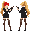 female, long blonde high ponytail, red bangs in front, black blazer, white blouse, black skirt, brown stockings and black high heels. holding a gun with both hands.
