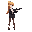 female, long blonde high ponytail, red bangs in front, black blazer, white blouse, black skirt, brown stockings and black high heels. holding a gun with both hands in front of her readily