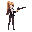 female, long blonde high ponytail, red bangs in front, black blazer, white blouse, black skirt, brown stockings and black high heels. holding a gun with both hands.
