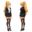 female, long blonde high ponytail, red bangs in front, black blazer, white blouse, black skirt, brown stockings and black high heels. black outline. standing. action pose. facing right