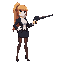 female, long blonde high ponytail, red bangs in front, black blazer, white blouse, black skirt, brown stockings and black high heels. holding a gun with both hands.