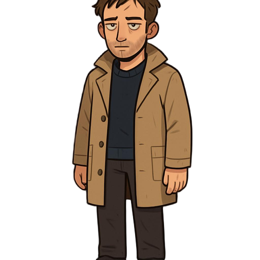 two-dimensional illustration of a character in a semi-realistic game style, full-length. a male character in his early 30s, with tired eyes, a slight stubble, and slightly disheveled hair. he is dressed in a beige raincoat and a dark sweater, suitable for