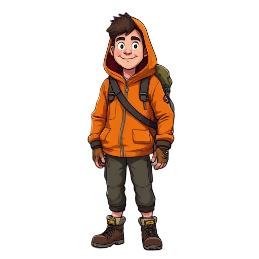 a 30-year-old climber in an orange hooded jacket, with a bag over his shoulder