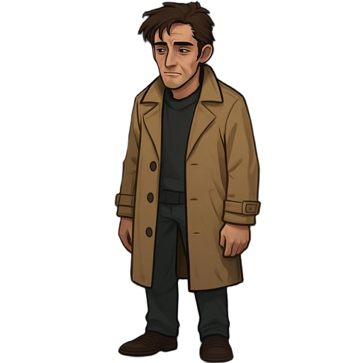 2d character illustration, semi-realistic game art style. a male character in his early 30s, tired eyes, light stubble, slightly messy hair. wearing a beige trench coat, dark sweater, suitable for rainy weather. serious and thoughtful expression, calm but