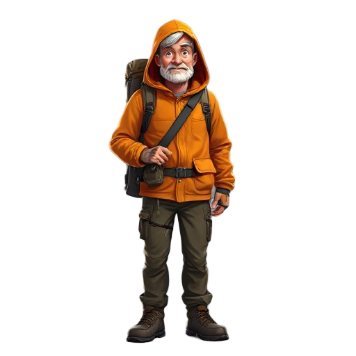 a 40-year-old climber in an orange hooded jacket, with a bag over his shoulder