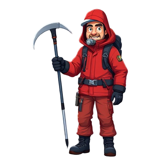 a 40-year-old climber wearing a red jacket with a hood and a face mask for connecting an oxygen tank, holding a ice axe in dark colors