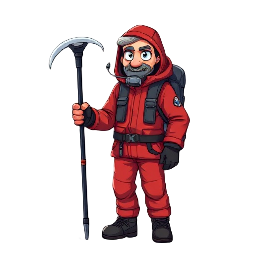 a 40-year-old climber wearing a red jacket with a hood and a face mask for connecting an oxygen tank, holding a short ice axe in dark colors