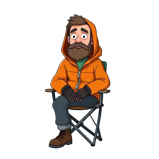 a sad bearded mountaineer in his 40s wearing an orange hooded jacket is sitting on a folding chair