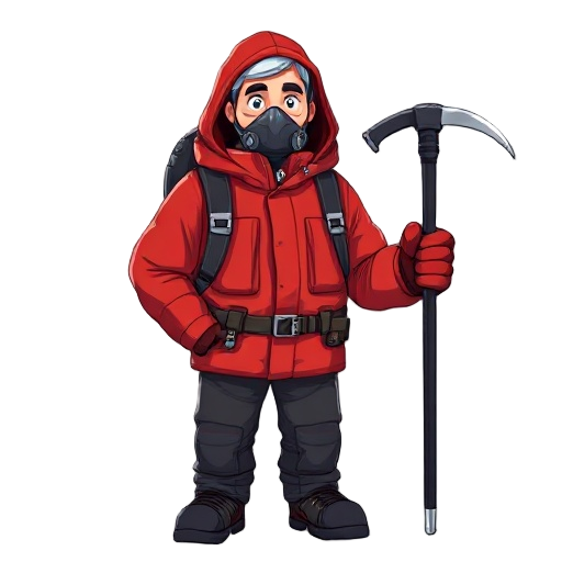 a 40-year-old climber wearing a red jacket with a hood and a face mask for connecting an oxygen tank, holding a short ice axe in dark colors