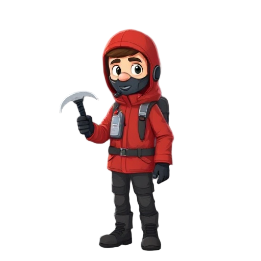 a 30-year-old climber wearing a red jacket with a hood and a face mask for connecting an oxygen tank, holding a small ice axe in dark colors