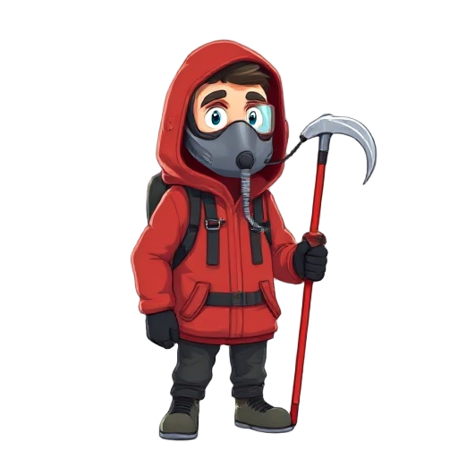 a 40-year-old climber wearing a red hooded jacket and a face mask with an oxygen tank connected to his face, holding an ice axe