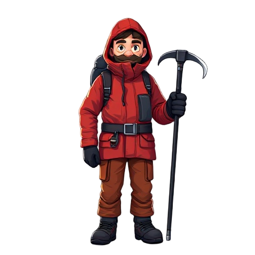 a 40-year-old climber wearing a red jacket with a hood and a face mask for connecting an oxygen tank, holding a short ice axe in dark colors