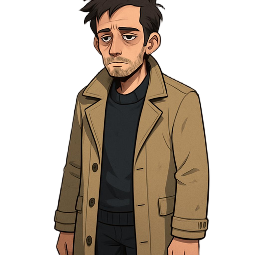 2d character illustration, semi-realistic game art style. a male character in his early 30s, tired eyes, light stubble, slightly messy hair. wearing a beige trench coat, dark sweater, suitable for rainy weather. serious and thoughtful expression, calm but