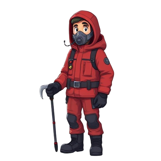 a 30-year-old climber wearing a red jacket with a hood and a face mask for connecting an oxygen tank, holding a small ice axe in dark colors