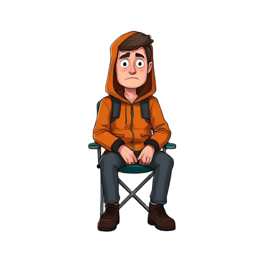 a sad 35-year-old climber in an orange hooded jacket is sitting on a folding chair