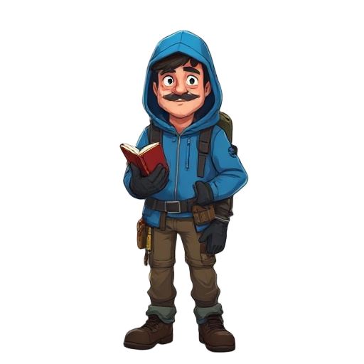 a 40-year-old climber wearing a blue hooded jacket, holding a book in his gloved hands