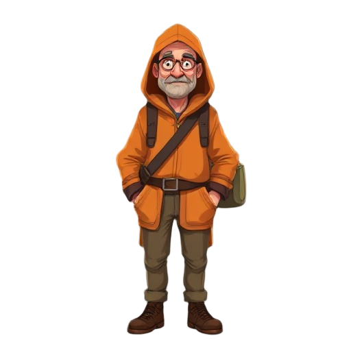 a 40-year-old merchant in an orange hooded jacket, with a bag over his shoulder