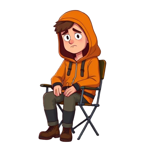 a sad 35-year-old climber in an orange hooded jacket is sitting on a folding chair