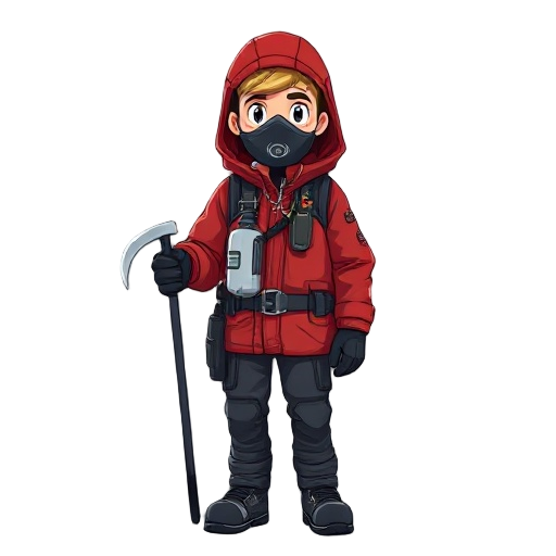 a 30-year-old climber wearing a red jacket with a hood and a face mask for connecting an oxygen tank, holding a small ice axe in dark colors