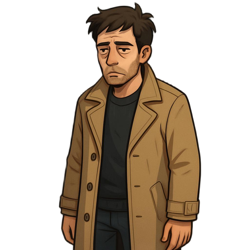 2d character illustration, semi-realistic game art style. a male character in his early 30s, tired eyes, light stubble, slightly messy hair. wearing a beige trench coat, dark sweater, suitable for rainy weather. serious and thoughtful expression, calm but