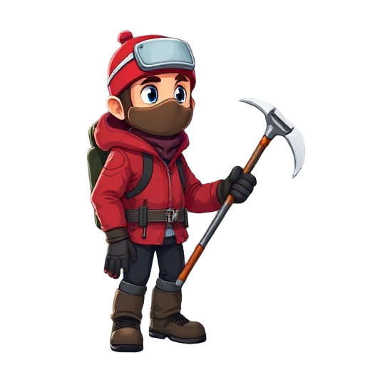 a climber in a red jacket and mask is holding an ice axe, standing sideways to the camera and looking to the right