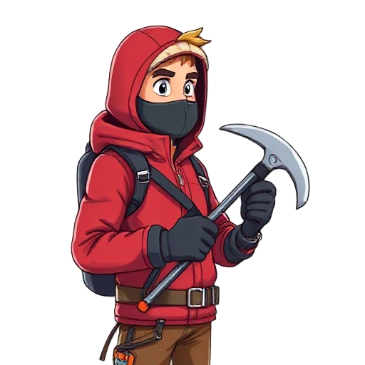 an adult climber wearing a red jacket and a hooded mask holds an ice axe in his hands, standing sideways to the camera and looking to the right