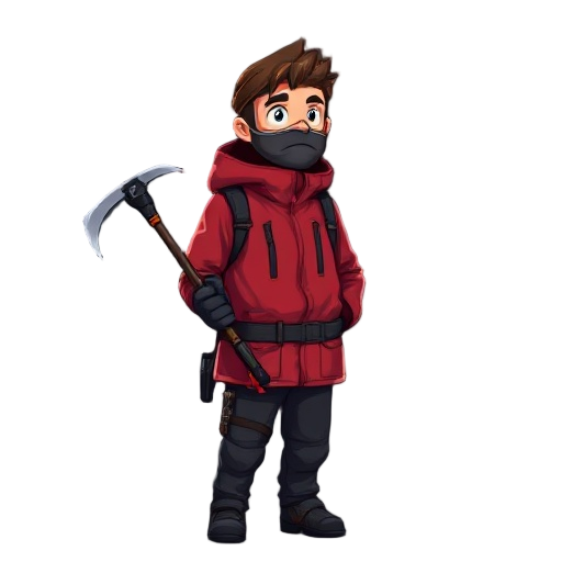 an adult climber in a red jacket and mask holds an ice axe in his hands, standing sideways to the camera and looking to the right in dark tones